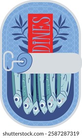 Open tin can sardines. Aesthetic vector illustration on transparent background. Canned fish artwork. Seafood packaging poster template. Restaurant, cafe, or kitchen wall decor.