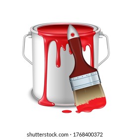 An open tin can with spilled red paint and a brush smeared in paint.