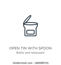 Abrir lata con icono de cuchara. Estaño abierto lineal delgado con icono de contorno de cuchara aislado en fondo blanco de la colección de bistró y restaurante. Signo vectorial de línea, símbolo para web y móvil