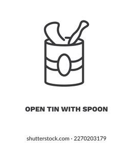 abrir lata con icono de cuchara. Línea fina de estaño abierto con icono de cuchara de la colección de restaurantes. Vector de contorno aislado en fondo blanco. El estaño abierto editable con símbolo de cuchara se puede usar web y móvil