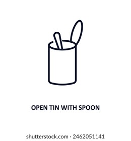 abra la lata con el icono de contorno de cuchara.  Icono de línea delgada de la colección de bistro y restaurante. Vector editable aislado sobre fondo blanco