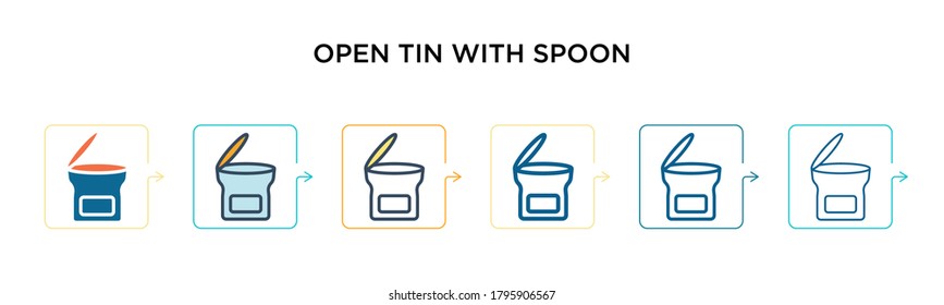 Open tin with spoon vector icon in 6 different modern styles. Black, two colored open tin with spoon icons designed in filled, outline, line and stroke style. Vector illustration can be used for web,