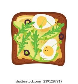 Open Toast with avocado, micro greens, cheese, egg, arugula, olives. Breakfast food. Vector illustration isolated on white background. Flat design for cafe menu, restaurant, poster, banner, sticker.