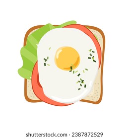 Open Toast with fried egg, lettuce, tomato. Lunch, dinner, breakfast snacks. Vector illustration isolated on white background. Flat design style for menu, cafe, restaurant, poster, banner, sticker.