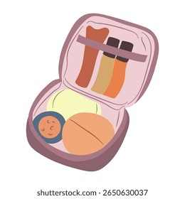 Open toiletry bag is filled with cosmetic and skincare essentials for travel or everyday use This illustration is great for hygiene or beauty content