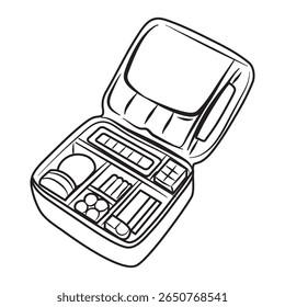 Open toiletry bag is filled with cosmetic and skincare essentials for travel or everyday use This illustration is great for hygiene or beauty content
