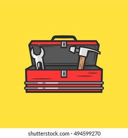 Open Tool Box with Wrench and Hammer Vector Graphic