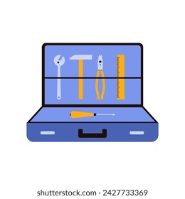 Offene Werkzeugkiste von Schreiner und Bauunternehmer mit mechanischen Werkzeugen Vektor-Illustration