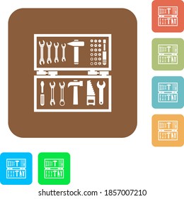 Open toolbox flat icons on rounded square vivid color backgrounds.