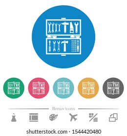 Open toolbox flat white icons on round color backgrounds. 6 bonus icons included.