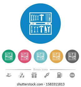 Open toolbox flat white icons on round color backgrounds. 6 bonus icons included.