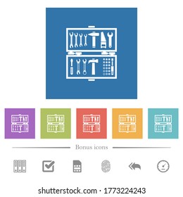Open toolbox flat white icons in square backgrounds. 6 bonus icons included.