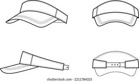 Open top baseball cap flat sketch. Sport hat apparel design. Front, side, back. Accessory CAD mockup. Technical drawing template. Vector illustration.