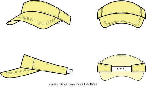 Open top baseball cap flat sketch. Sport hat apparel design. Front, side, back. Accessory CAD mockup. Technical drawing template. Vector illustration.