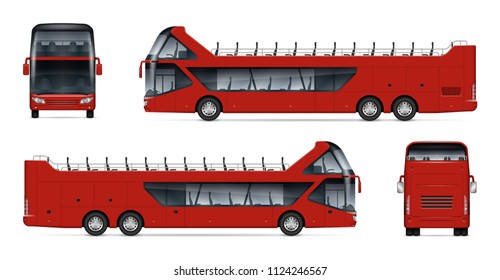 Modelación vectorial de bus turístico abierto sobre fondo blanco para marca de vehículos, identidad corporativa. Vista desde un lado, frente, atrás. Todos los elementos de los grupos en capas separadas para facilitar la edición y el color.
