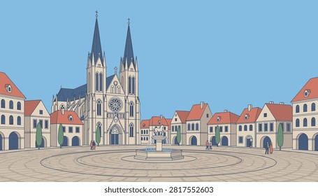 Open town square with a stone fountain in the center surrounded by historic buildings and a large cathedral under blue sky.