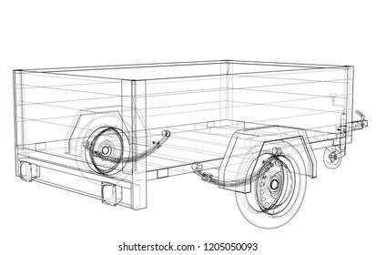 Open trailer sketch. Vector rendering of 3d. Wire-frame style. The layers of visible and invisible lines are separated