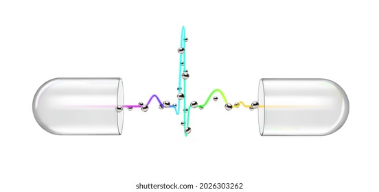 Open transparent capsule with rainbow EKG and silver beads. Vector illustration