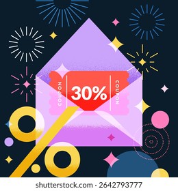 Open transparent envelope discount coupon. Sale promotion banner, poster, greeting gift card design template. Vector geometric colorful flat electronic mail illustration