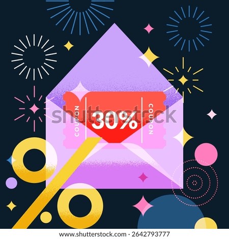 Open transparent envelope discount coupon. Sale promotion banner, poster, greeting gift card design template. Vector geometric colorful flat electronic mail illustration