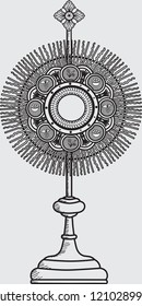 An open or transparent receptacle in which the consecrated Host is displayed for veneration.