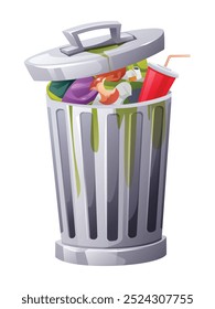Open trash bin filled with waste, including bottles, food, and drink cup. Overflowing. Vector cartoon illustration