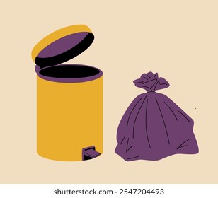 An open trash bin and a garbage bag.