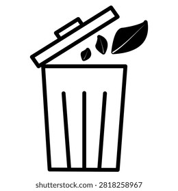 Open trash bin with leaves vector line icon for organic waste and composting disposal isolated on white background.