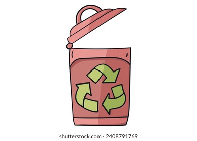Open trash bin with recycling symbol colored doodle vector illustration. Isolated on white background