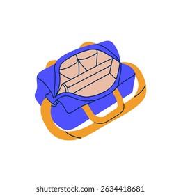 Open travel bag. Cooler bag for drinks and food. Trendy hand drawn vector illustration.