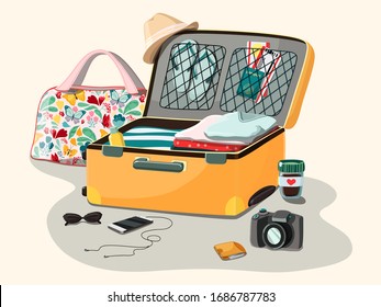 Open travel bag with things for travel or vacation. Set of things:  clothes, glasses, tickets and a passport, a camera, a phone with headphones, a purse, a cup of coffee, a 
big suitcase.  Vector.