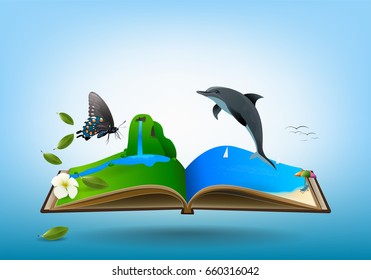 Open travel book, between Mountain meadows, waterfalls, butterflies, streams and sea beaches. over blue sky background, vector illustration.