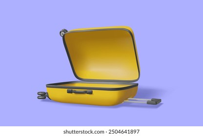 Open travel luggage on purple background. Empty Suitcase, Holiday, Vacation, Summer, Time to travel, Trip planning, Travel to world, Journey, Travel and tourism concept. 3d Vector illustration.Eps 10