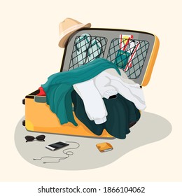 Open travel suitcase. Clothes piled in a pile Things are not neatly stacked. Wrongly packed suitcase for trip or vacation. Wallet, phone and glasses are lying on the floor. Vector illustration.