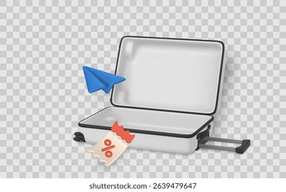 Open Travel Suitcase with Discount Ticket and Paper Airplane in 3D Style – Creative Vacation or Promo Concept on Transparent Background. Vector Illustration.
