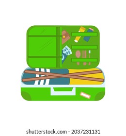 Open travel suitcase with things isolated on white background. A set of things for travel. Vector flat illustration. Time to travel.