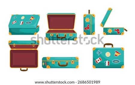 Open travel suitcases. Opened and closed luggage with country stickers, empty briefcase vintage trunk luggage handle summer vacation trip abroad journey, kicky vector illustration original artwork