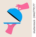 Open tray cloche in hand. Restaurant plate in waiter hand. Food serving tray for cafe. Colorful vector illustration

