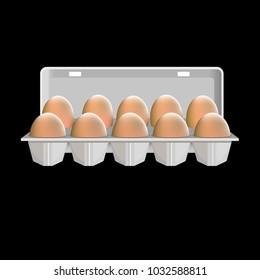 Open tray with eggs. Vector illustration isolated on black background