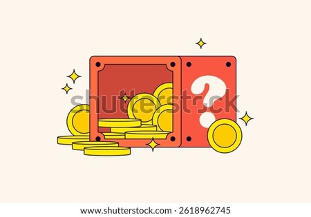 Open treasure box filled with sparkling gold coins and a mystery box beside it. Perfect for concepts like reward, wealth, gaming, surprise, and treasure hunting cartoon illustration hand drawn