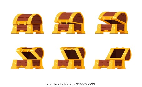 Open treasure chest. Cartoon animation kit for wooden treasure chest opening, vintage mystery pirate box. Vector GUI element set. Brown container with golden frames for money isolated on white