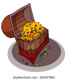 Open Treasure Chest filled with Gold and Artifacts, Vector Illustration isolated on White Background.