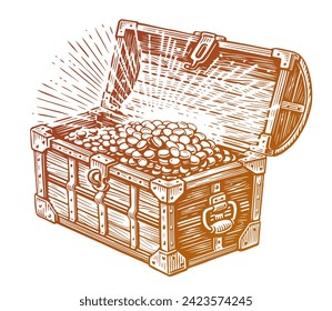 Open treasure chest full of gold coins. Hand drawn sketch vintage vector illustration