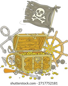 Offene Schatztruhe voller Goldmünzen, ein alter Holzhelm mit einem Marinekompass und ein rostiger Anker mit einer schwarzen Piratenflagge von einem versunkenen Filibuster-Segelboot, Vektorgrafik auf Weiß