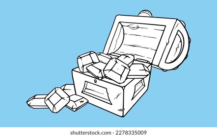 Open treasure chest with gem stones. Game wooden trunk or chest with prescious stones. Vector illustration isolated on blue backround