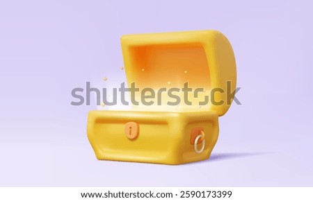 Open treasure chest glowing light shine on purple background. Surprise precious trove greed loot fantasy magic concept. elements design Cartoon minimal style cute. 3d vector illustration