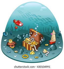Open treasure chest with gold, coins, jewelry, pearls and goblet underwater surrounded by sea animals (isometric illustration)
