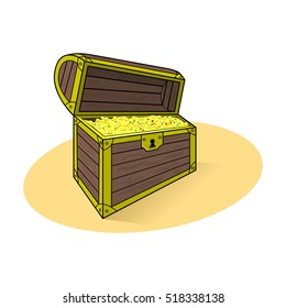 Open treasure chest with gold coins and precious stones