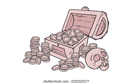 Open treasure chest with golden coins and skull. Wooden chest with money for games. Vector illustration isolated in white background