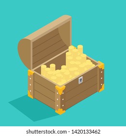 open treasure chest isolated flat isomertic design